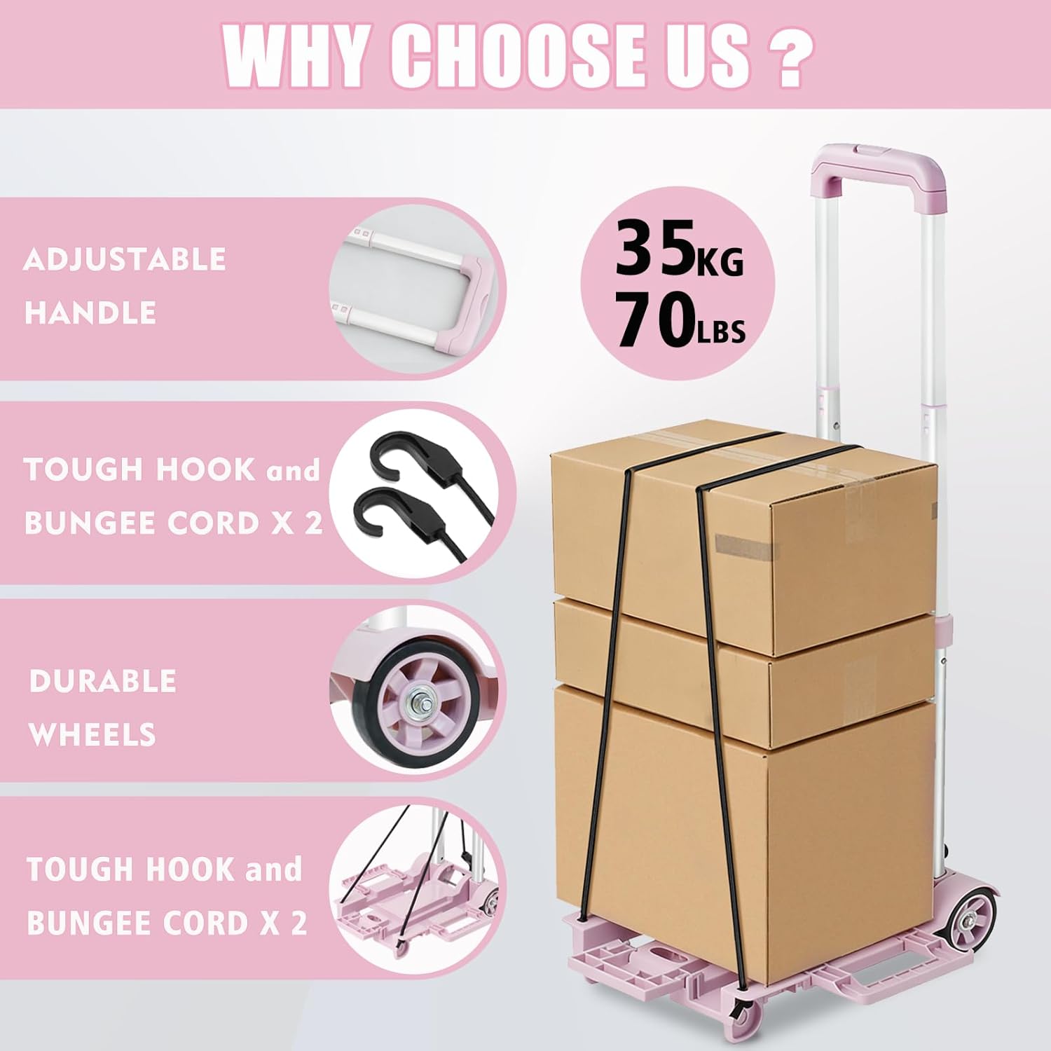 Portable Folding Hand Truck Trolley 35KG Pink Luggage Cart