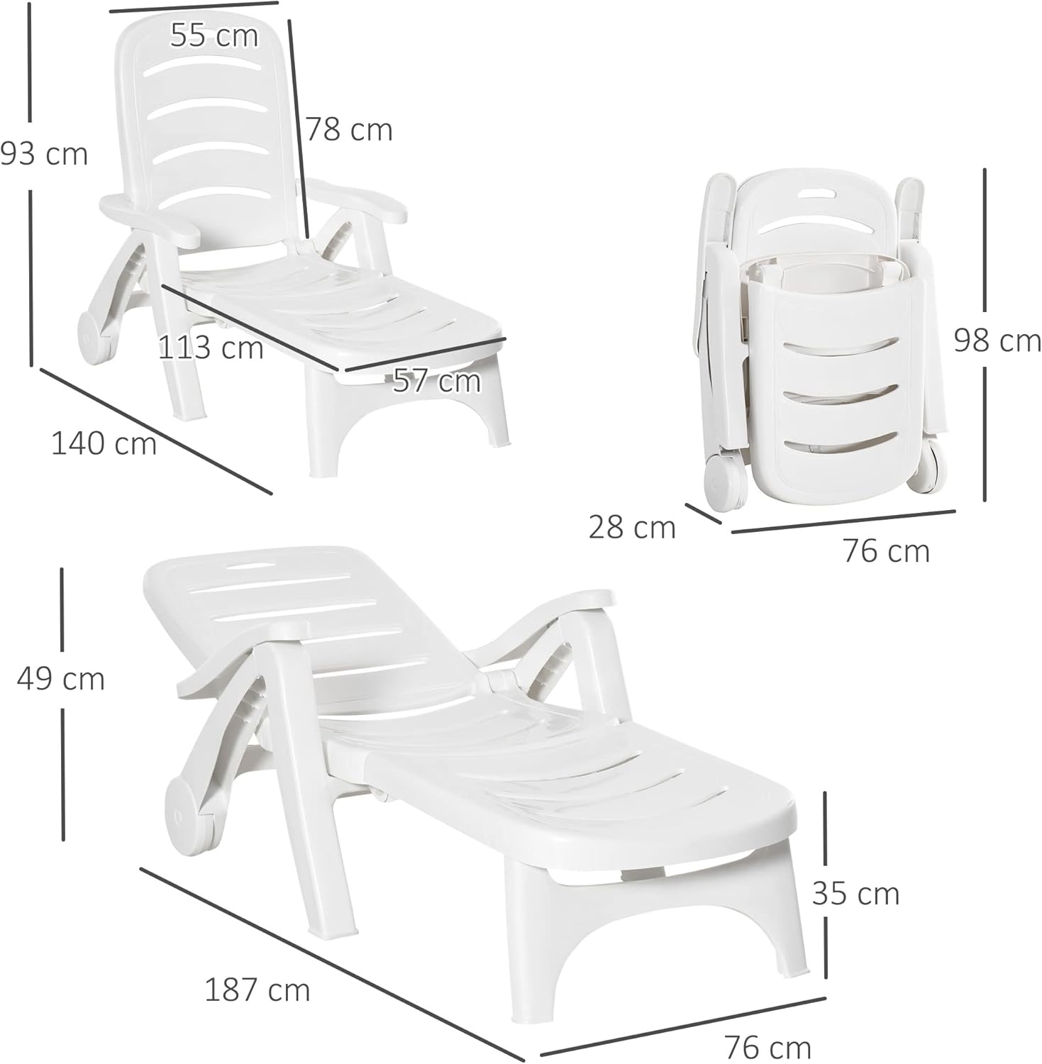 Set of 2 Folding Sun Loungers with Wheels White