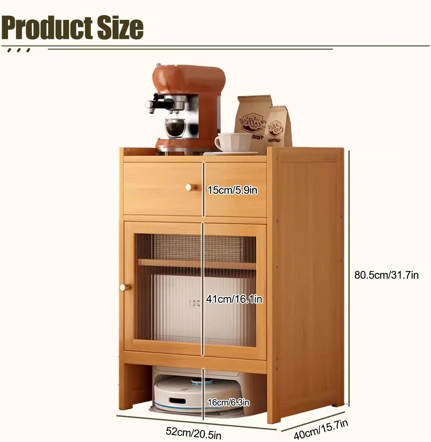 Robot Vacuum Storage Cabinet Bamboo Side Table Glass Door Drawer