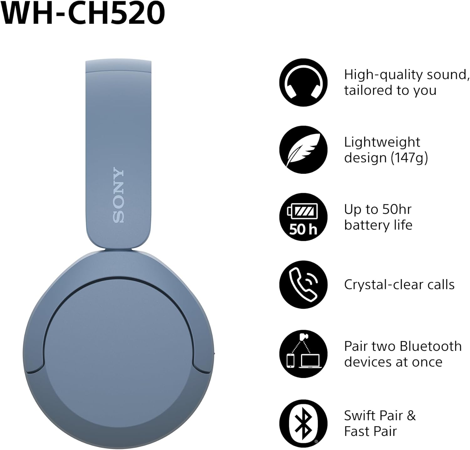 Blue Bluetooth On Ear Headphones 50H Battery Lightweight EQ