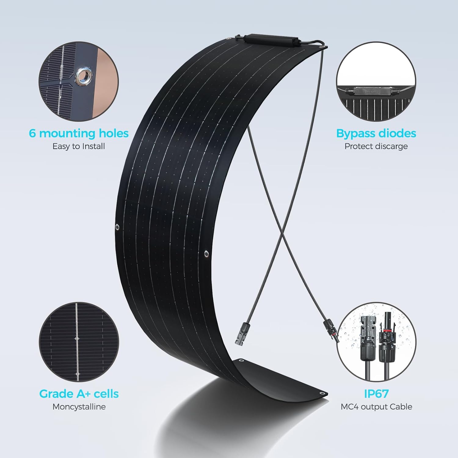 50W Flexible Solar Panel Full Black Waterproof Lightweight 12V Charger