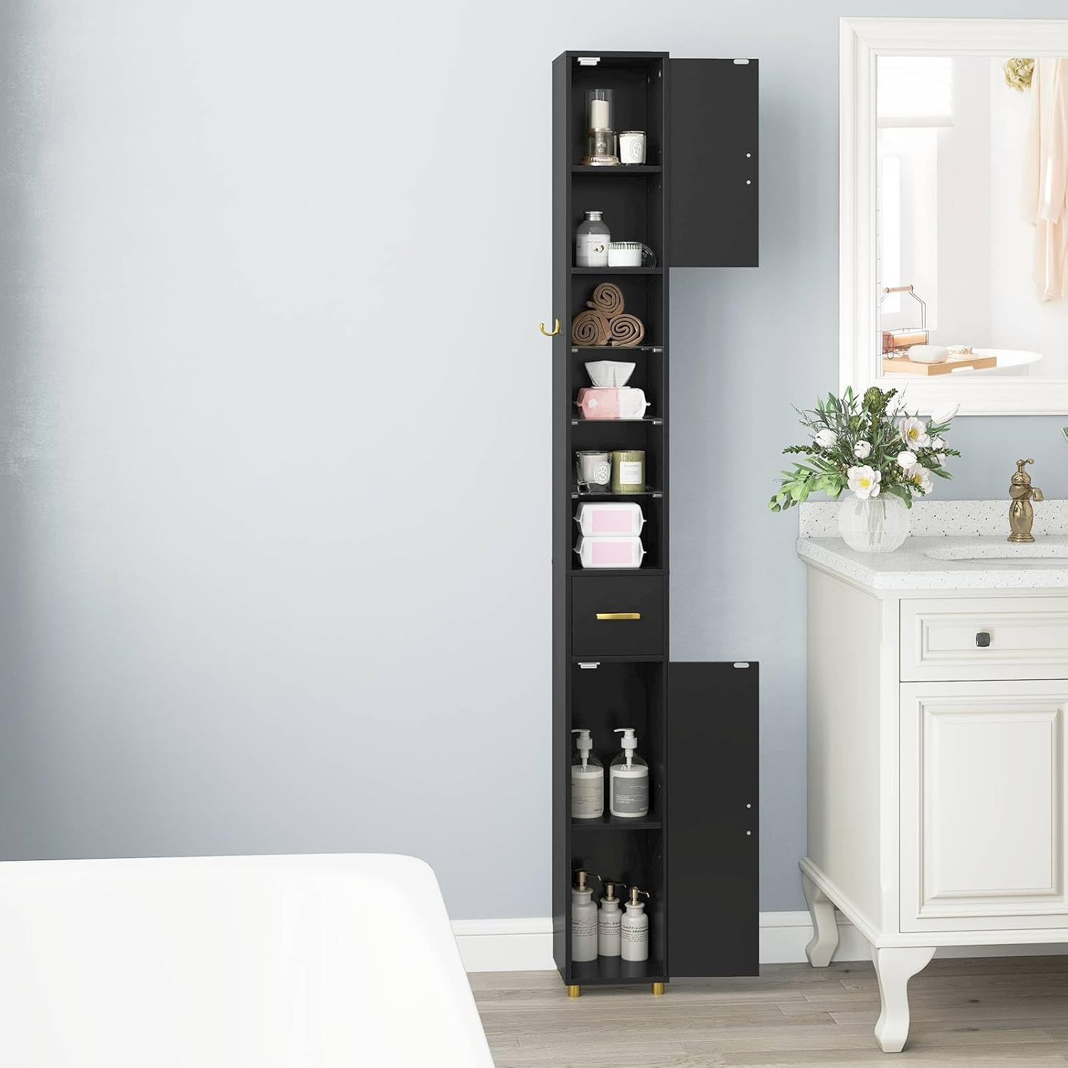 Tall Slim Storage Cabinet Black LED Shelf Hook Unit