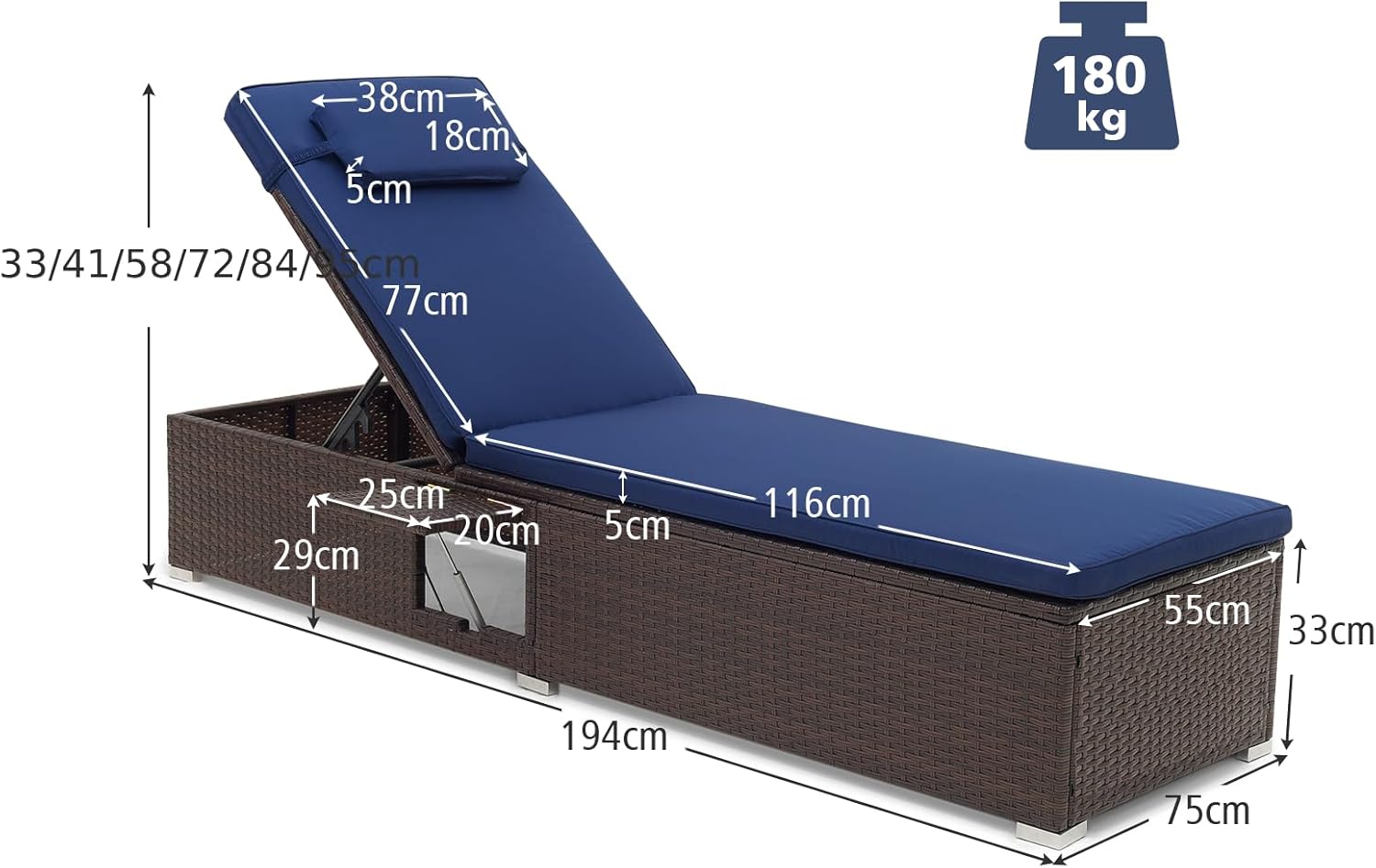 Rattan Sun Lounger Adjustable Garden Chaise with Cushion Table Navy