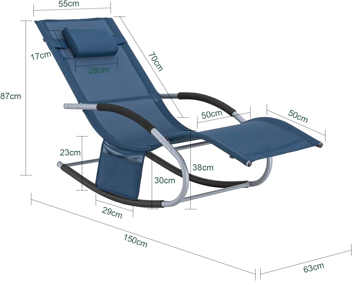 Outdoor Rocking Recliner Chair with Pillow Pocket Blue