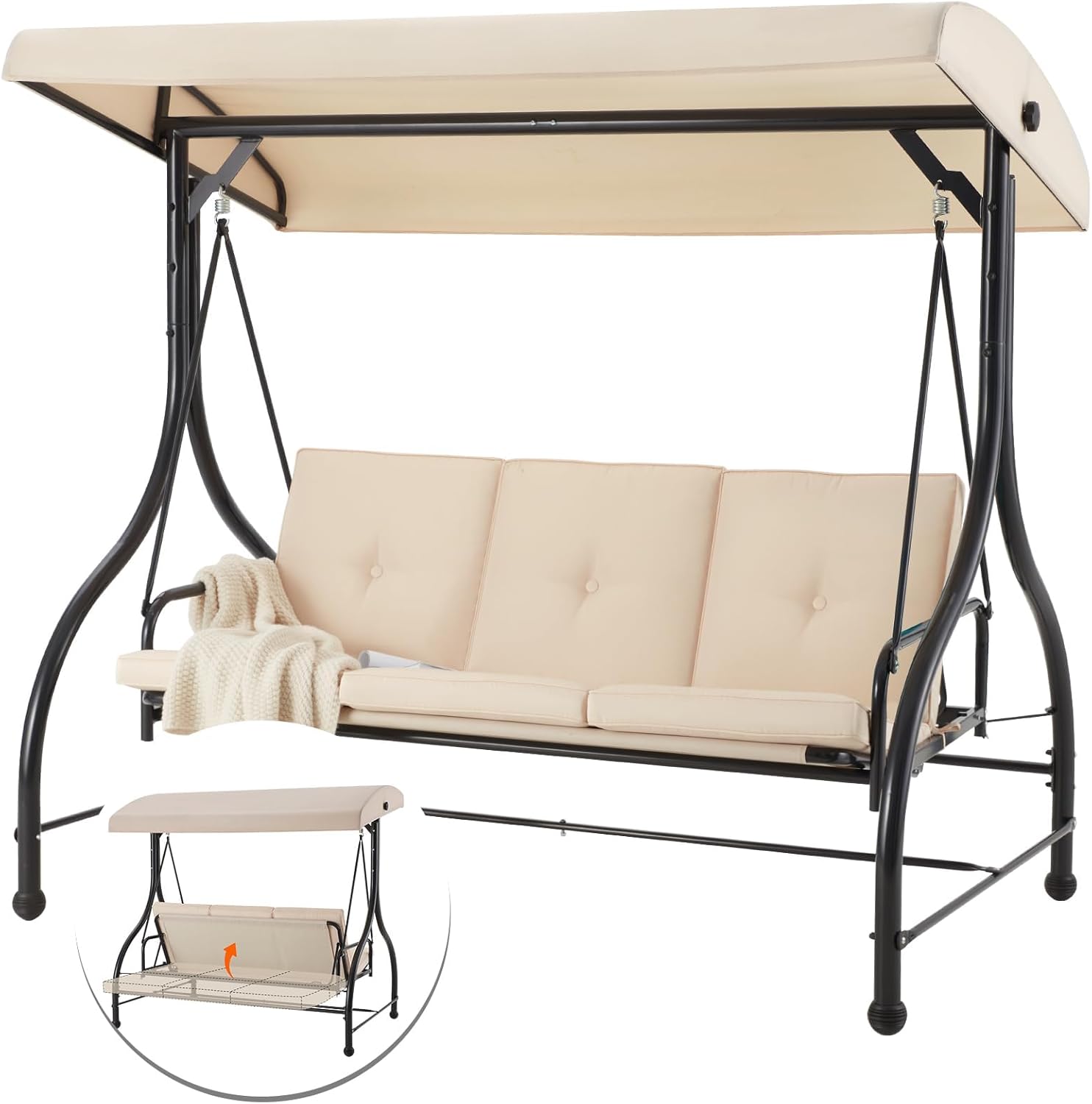 Beige 3 Seater Garden Swing Bed with Canopy