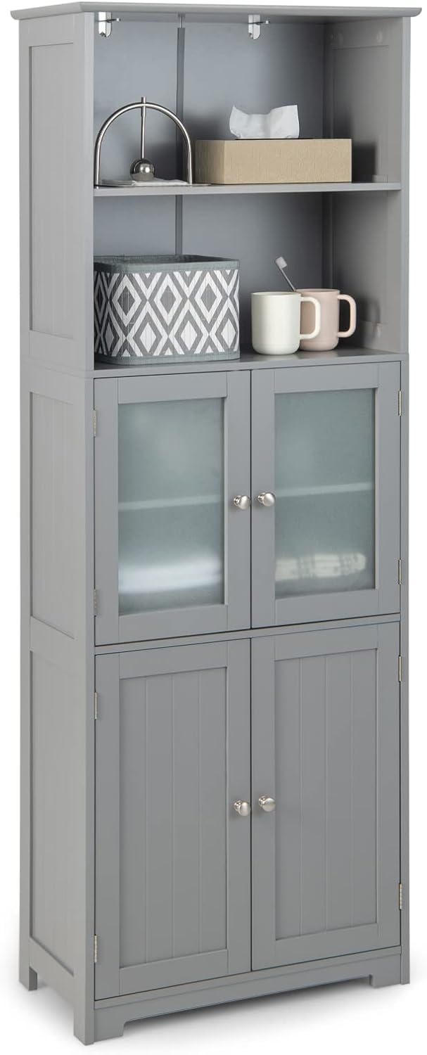 Tall Storage Cabinet Glass Door Shelf Unit Grey