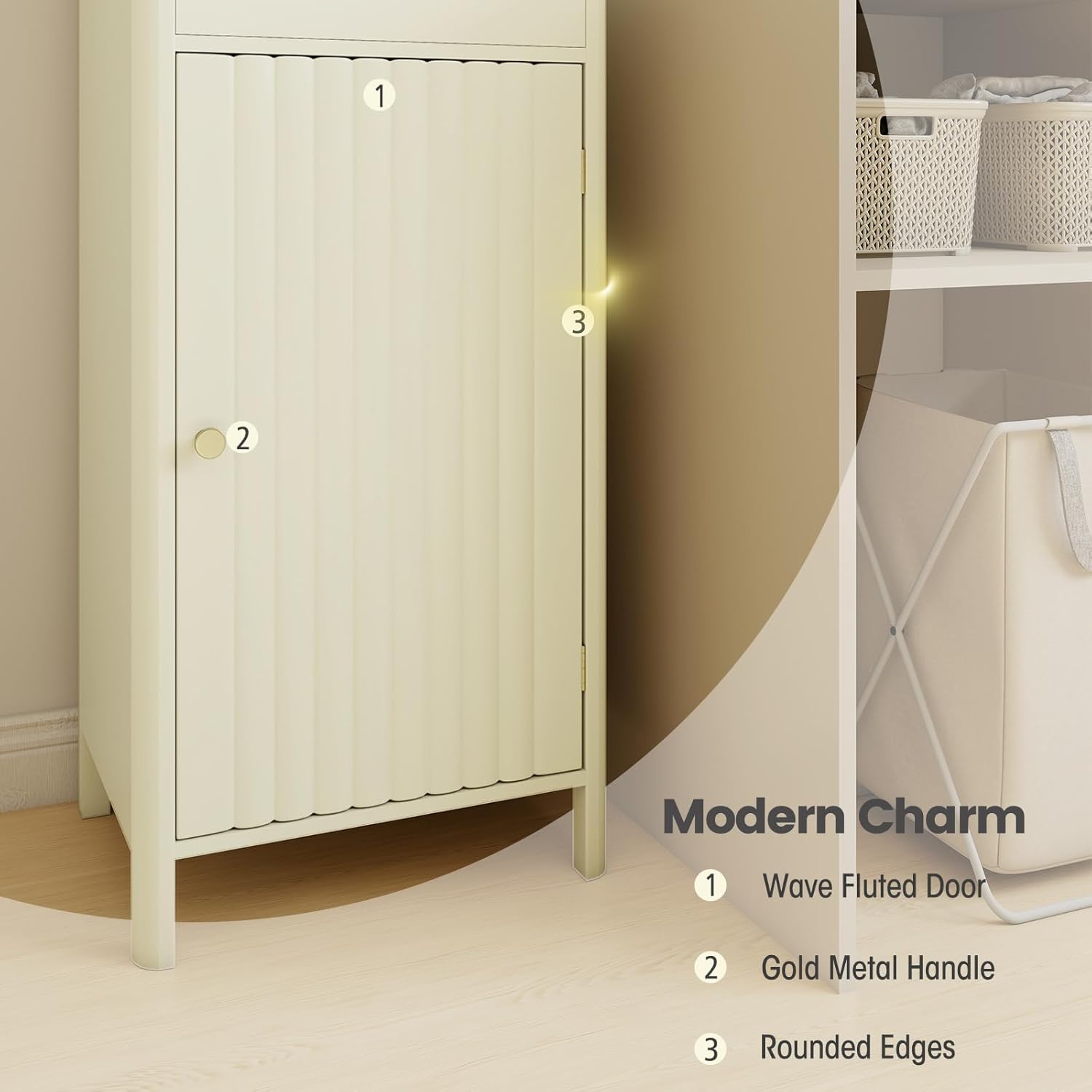 Tall Bathroom Storage Cabinet Beige Fluted Door Drawer 170cm