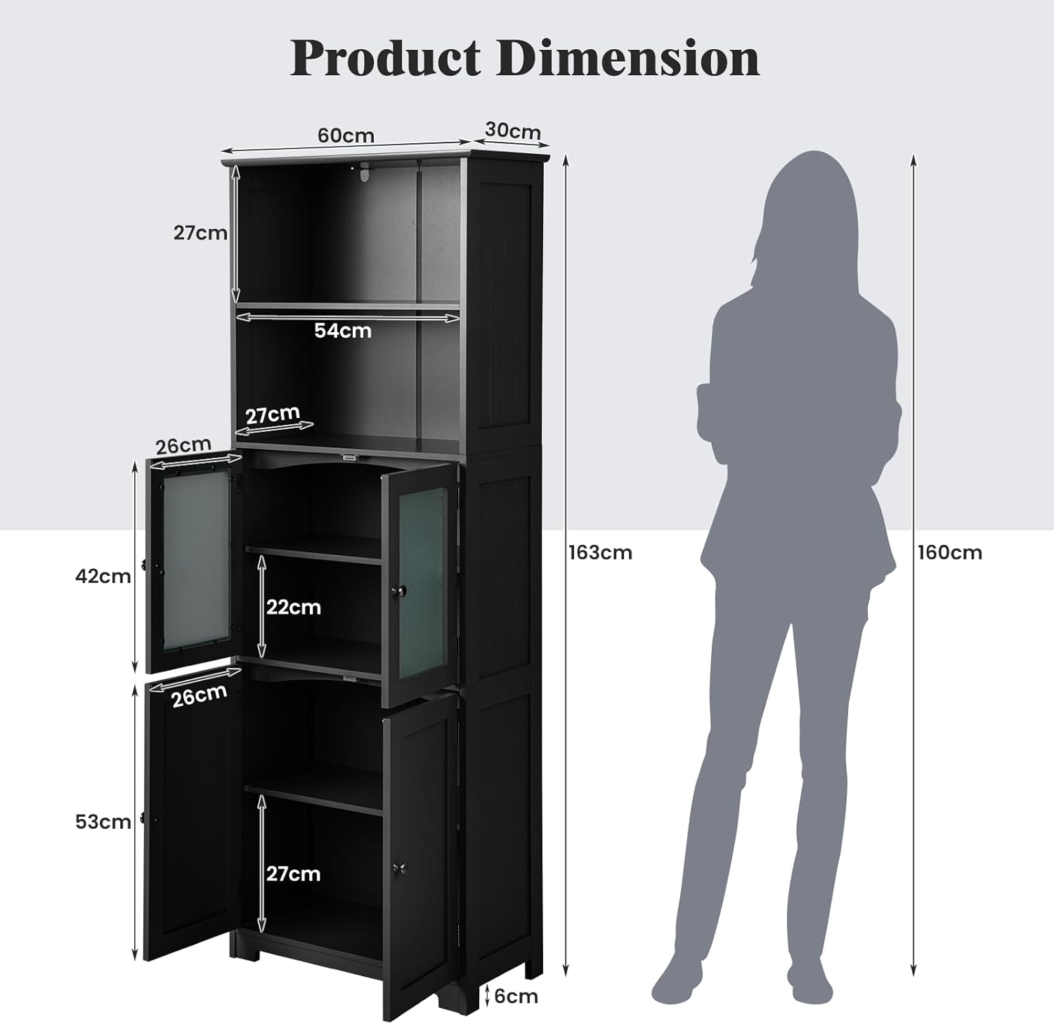 Tall Storage Cabinet Glass Door Shelf Unit Black