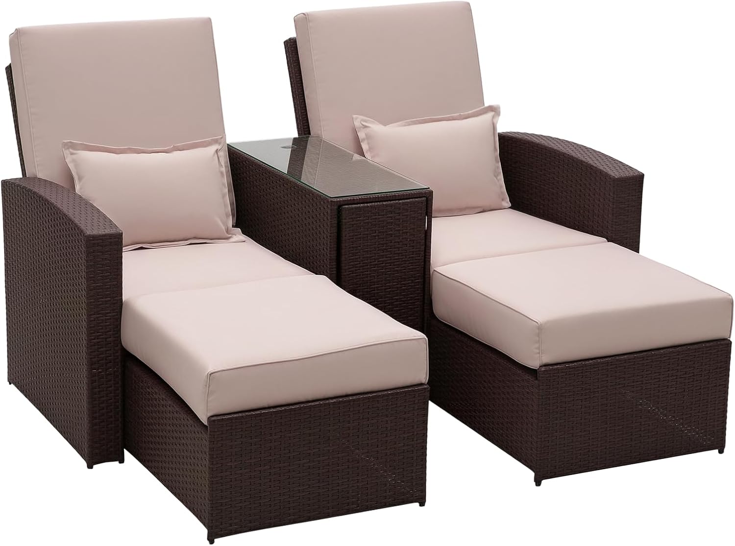 Double Rattan Sun Lounger Daybed 2 Seater with Table Brown