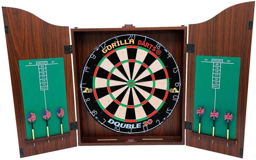 Dart Board Cabinet Set Walnut Wood Scoreboard 6 Steel Darts