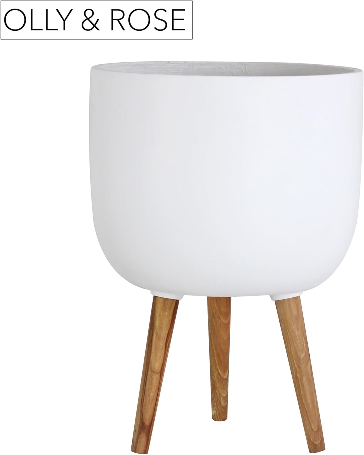 White Plant Pot with Stand 38cm Fibrestone Planter Hardwood Legs