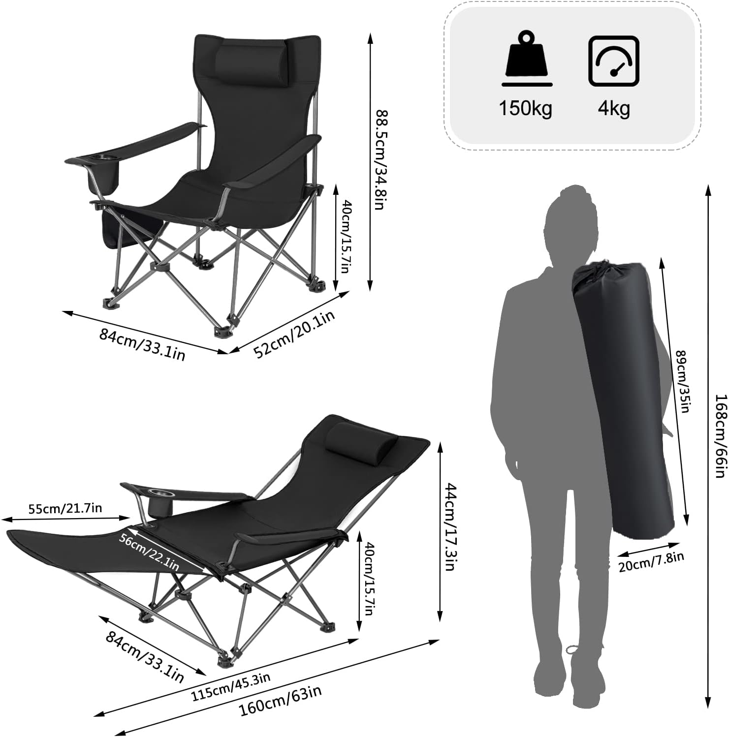 Reclining Camping Chair with Footrest Folding Seat Black