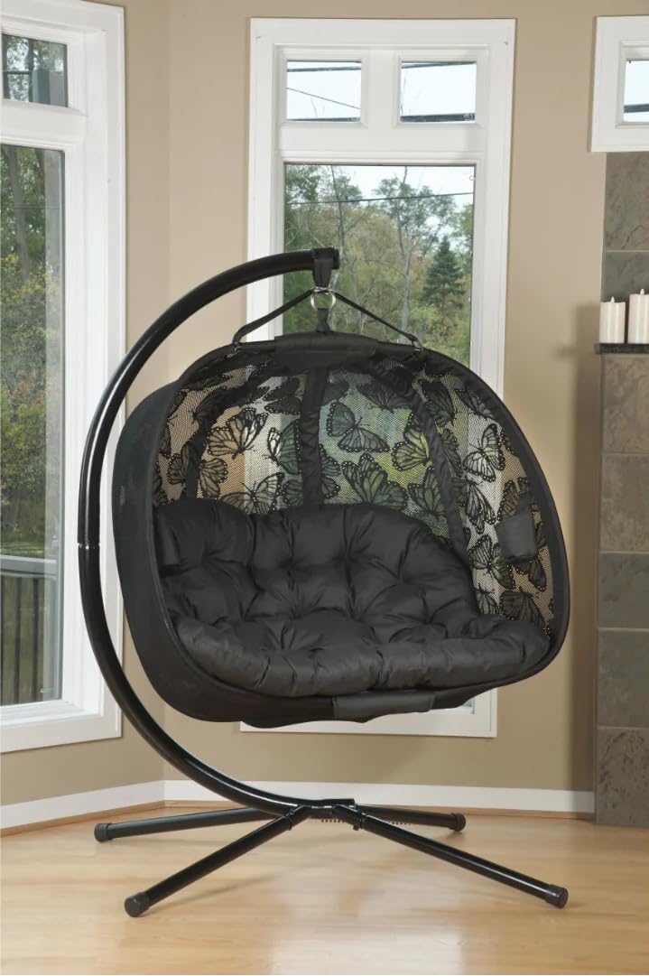Double Hanging Egg Chair with Stand 2 Seater Plush Cushion Black