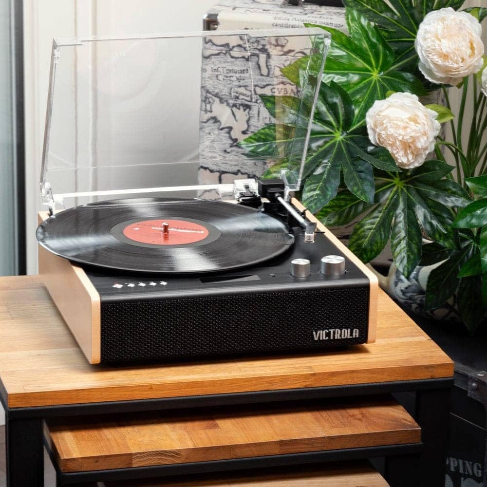 Bluetooth Record Player 3 Speed Turntable Built In Speakers Bamboo