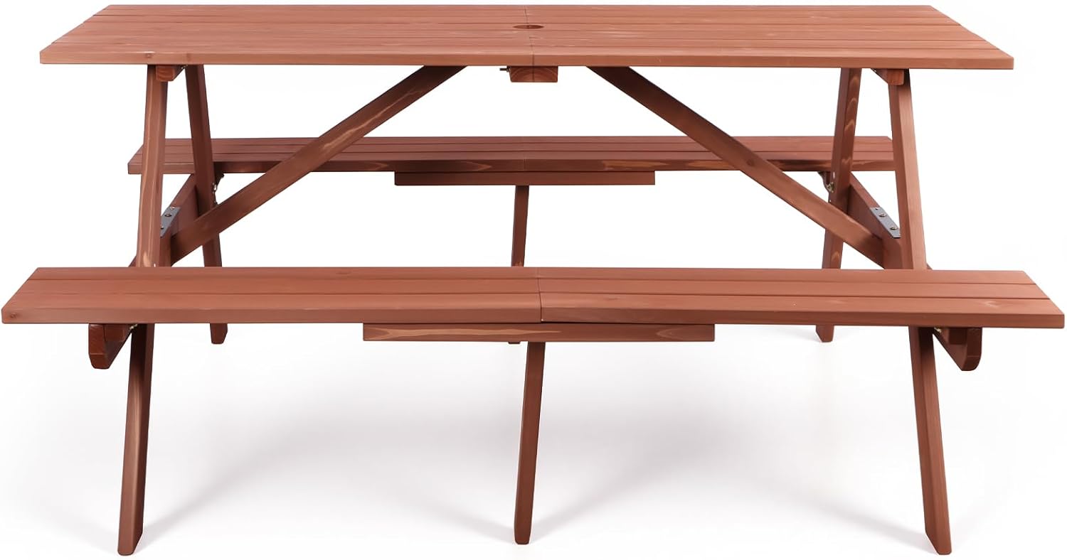 6 Seater Wooden Picnic Table Bench Set Garden Patio w/Parasol Hole