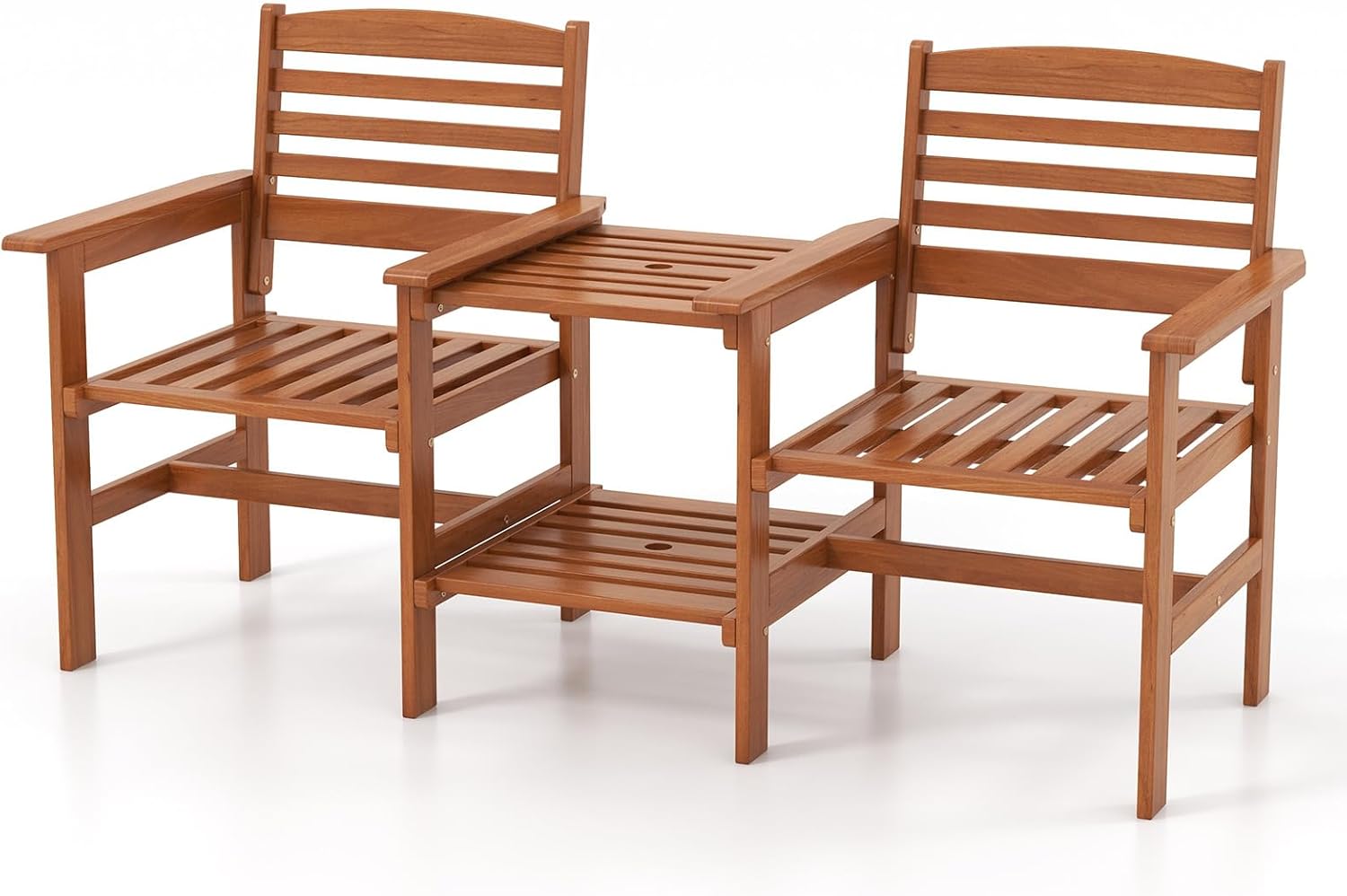 2 Seater Wooden Garden Loveseat Bench w/Table & Parasol Hole