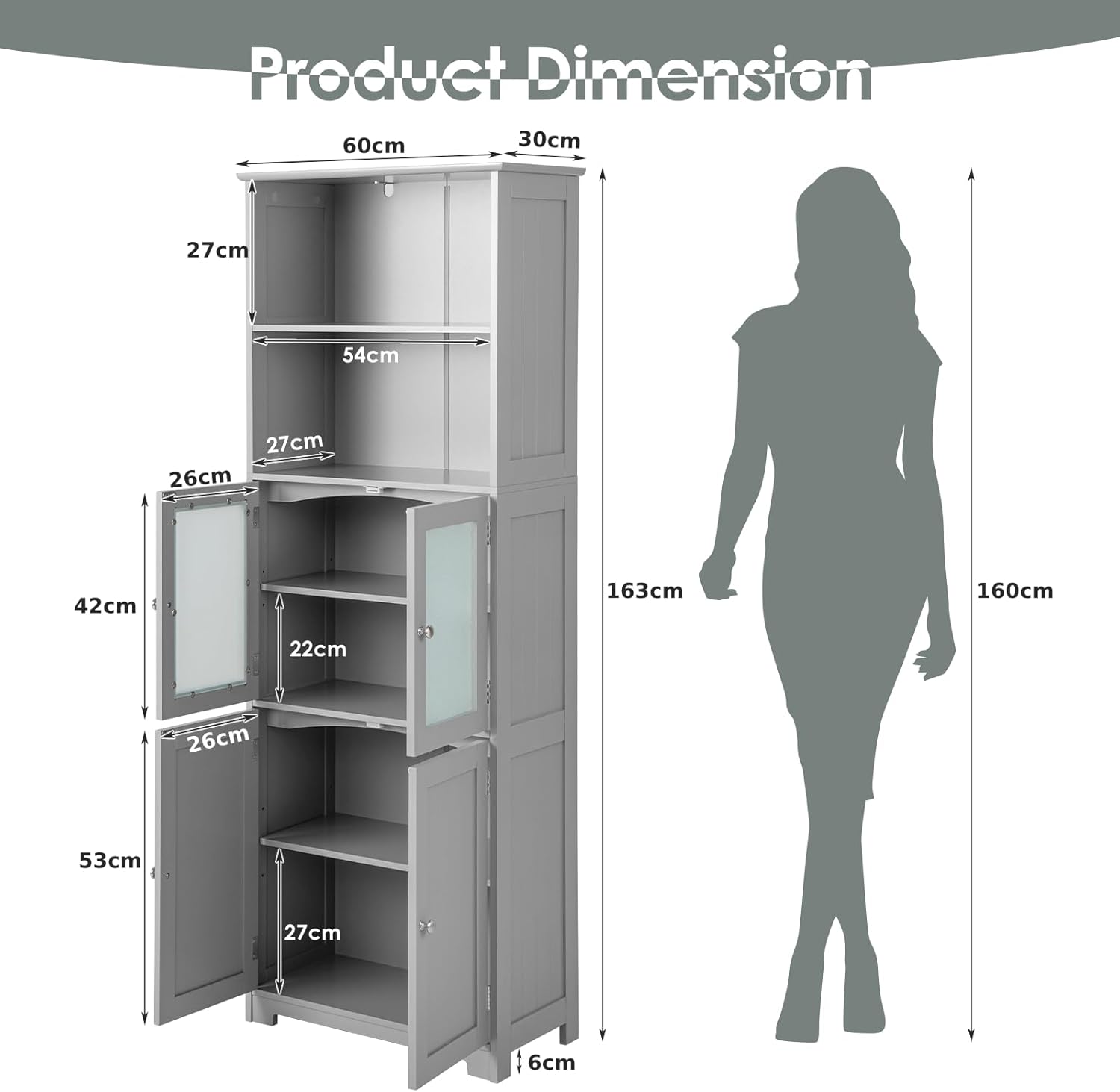 Tall Storage Cabinet Glass Door Shelf Unit Grey
