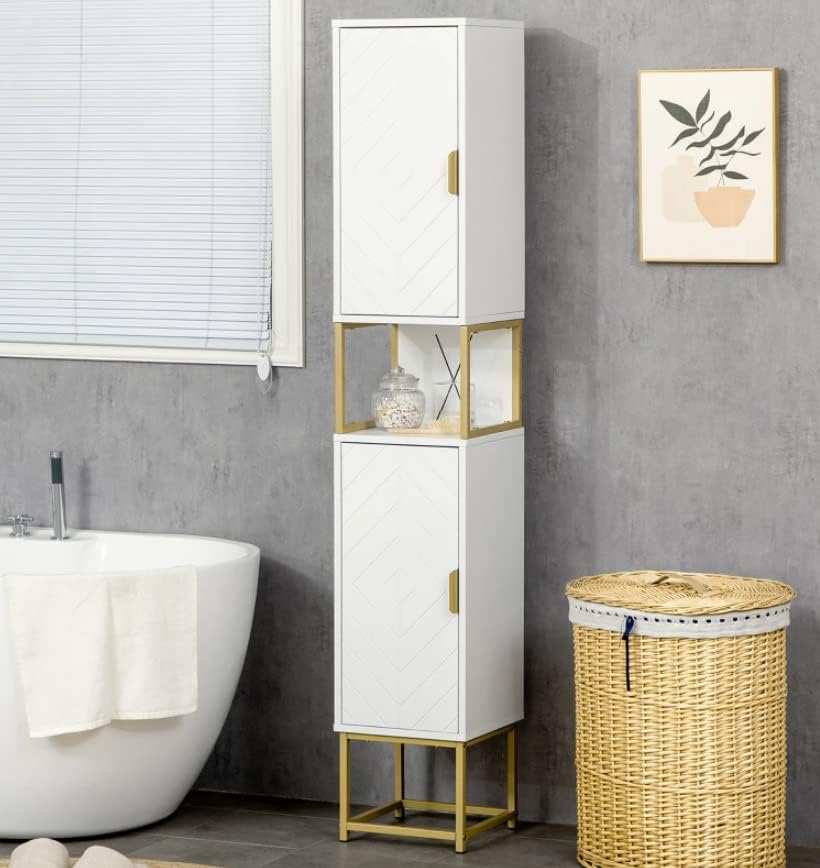Tall Bathroom Storage Cabinet White Gold Slim Shelf Unit