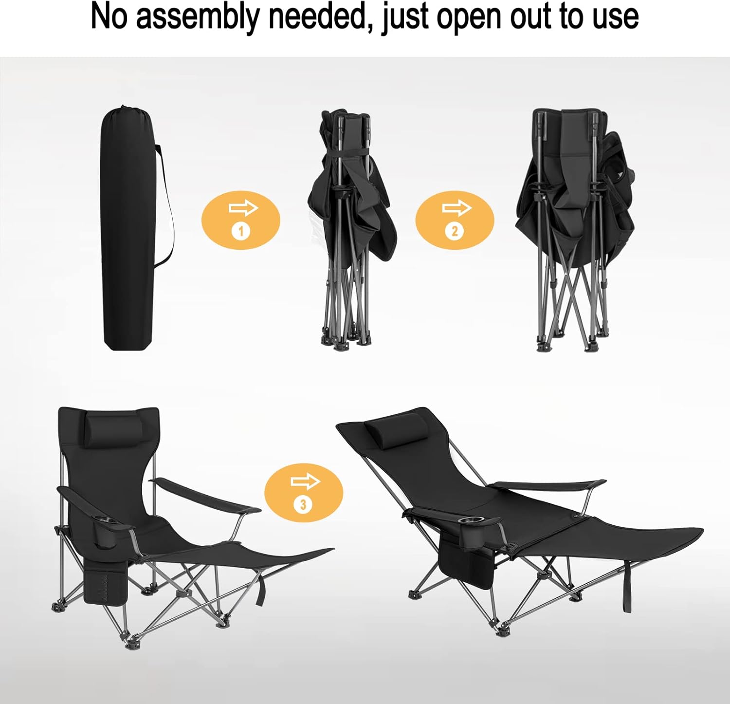 Reclining Camping Chair with Footrest Folding Seat Black