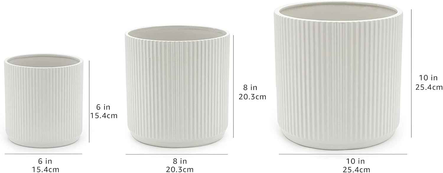 Ceramic Plant Pots Set of 3 White Fluted Planters 15 20 25cm