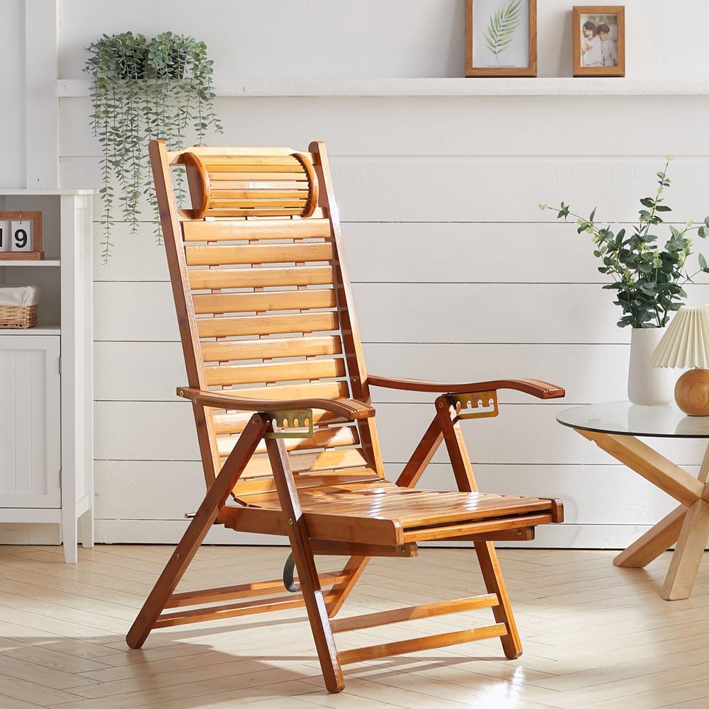 Foldable Bamboo Sun Lounger Recliner Chair 5 Position