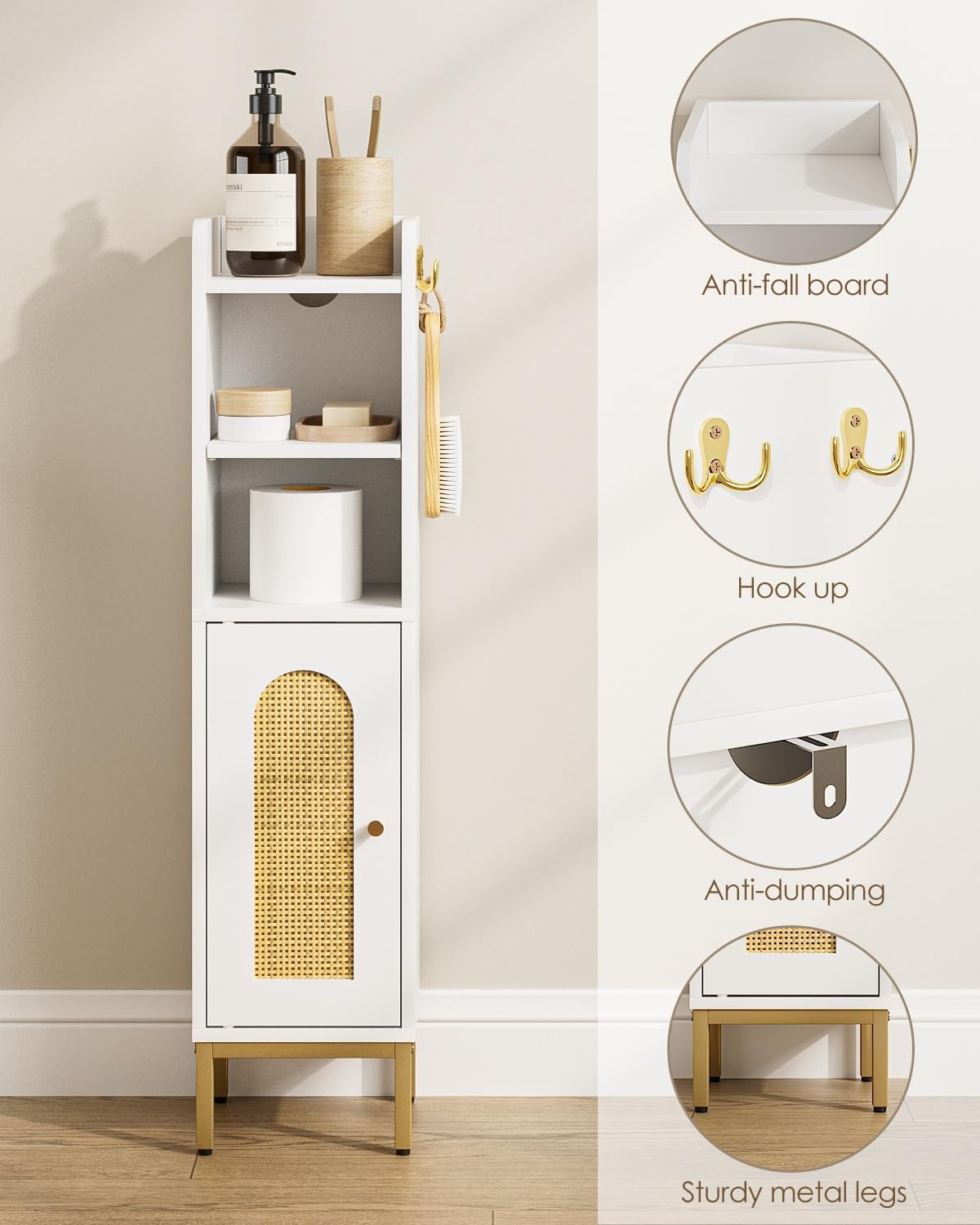 Slim Tall Bathroom Storage Cabinet Waterproof White Rattan Unit