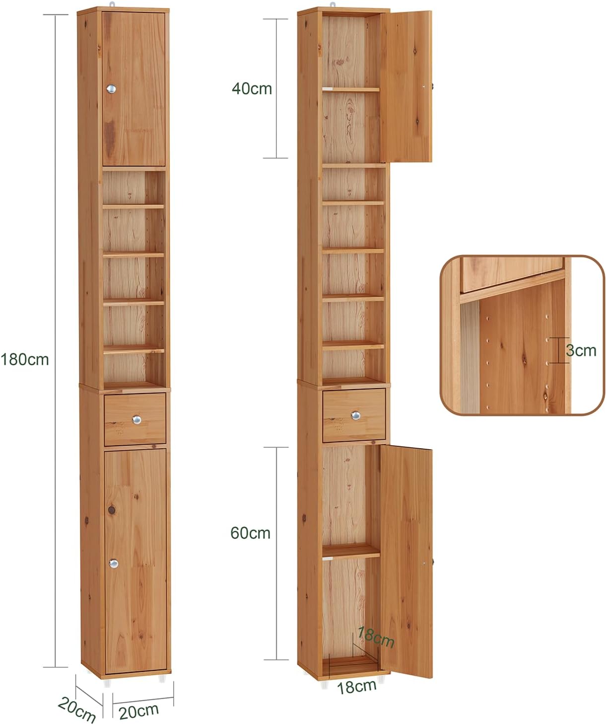 Slim Tall Solid Wood Bathroom Cabinet Drawer 180cm Natural