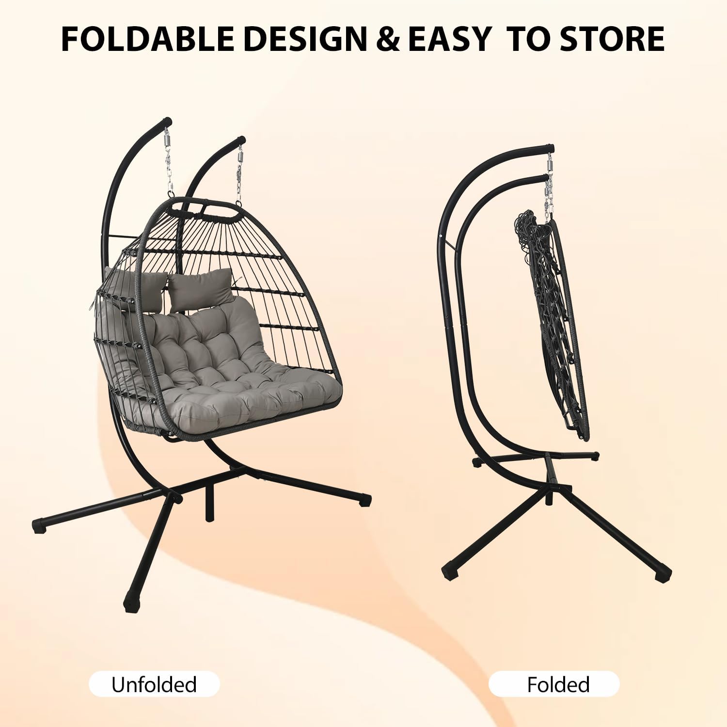 Double Rattan Swing Chair with Stand Light Grey