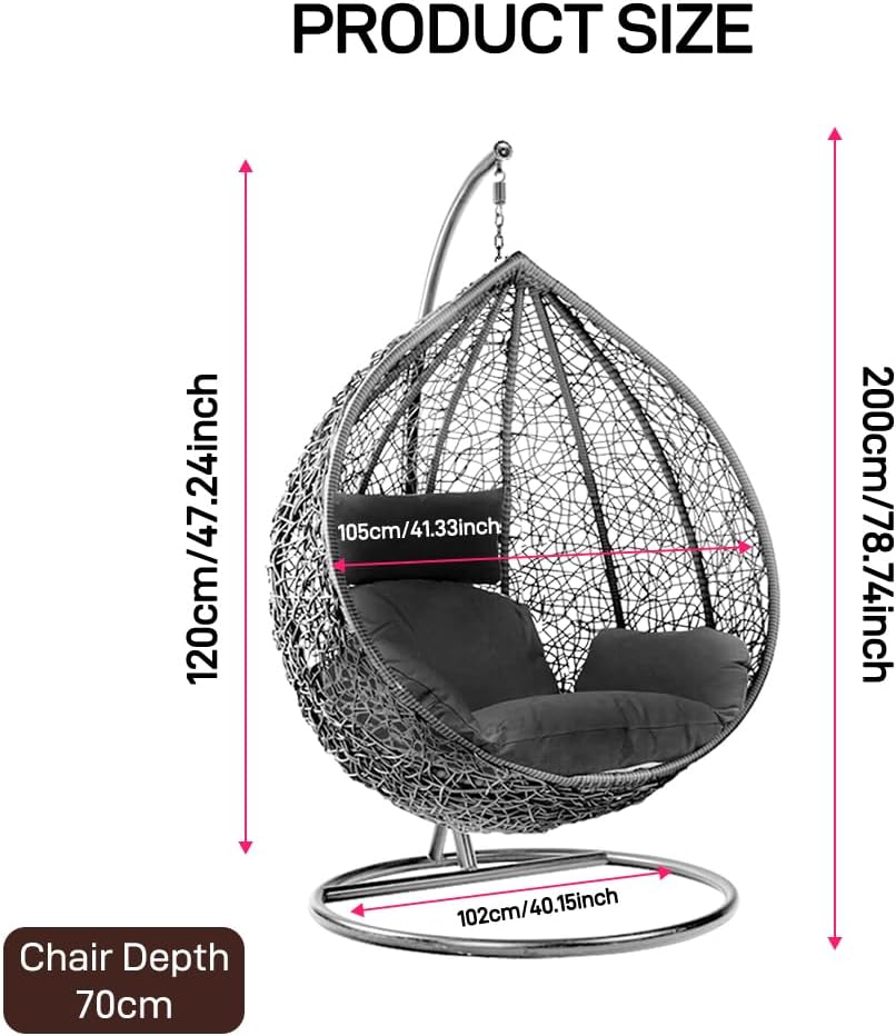 Black Rattan Egg Swing Chair with Stand Cushion Indoor Outdoor