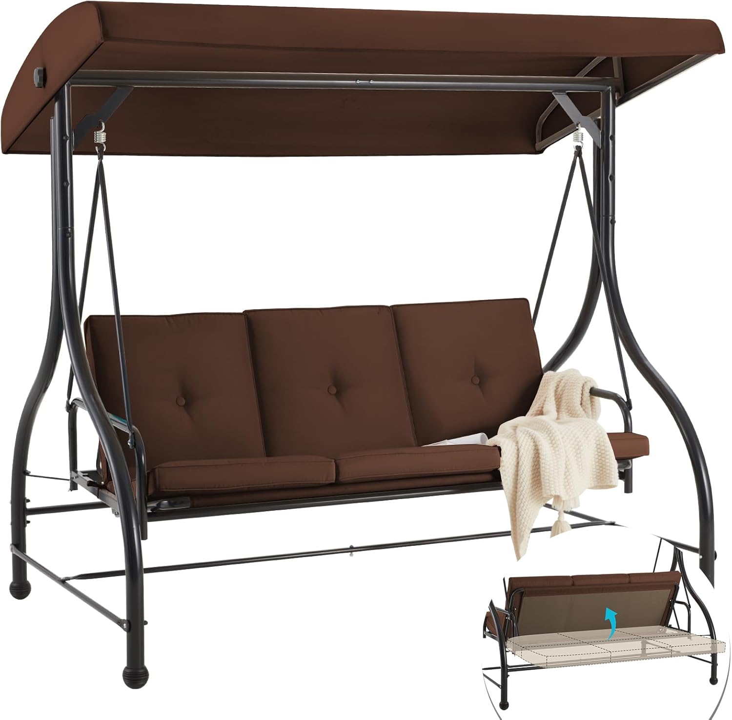 3 Seater Garden Swing Bed Brown Canopy Cushions Steel