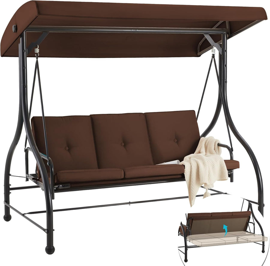 3 Seater Garden Swing Bed Brown Canopy Cushions Steel