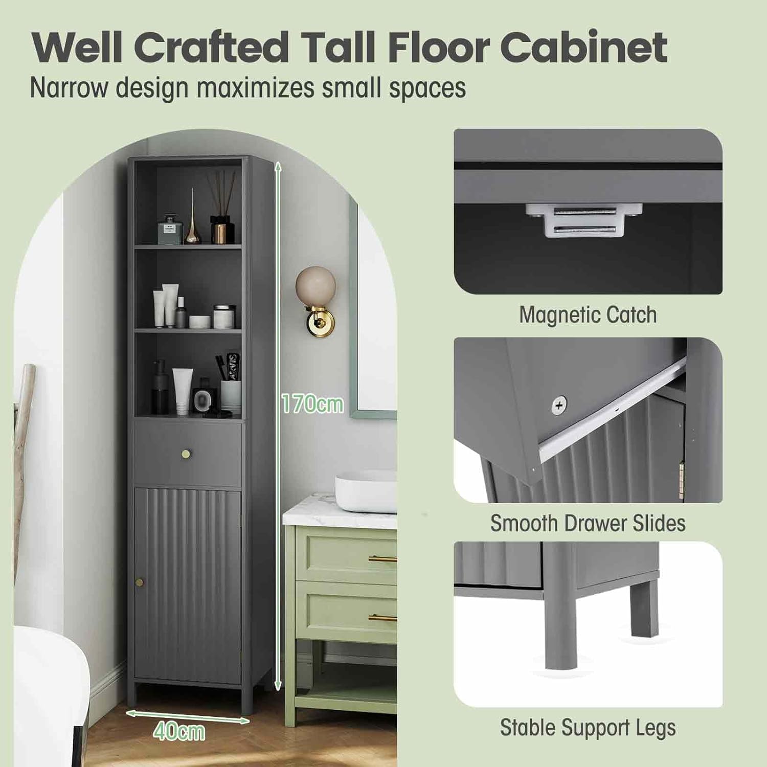 Tall Bathroom Storage Cabinet Drawer Fluted Door Grey 170cm