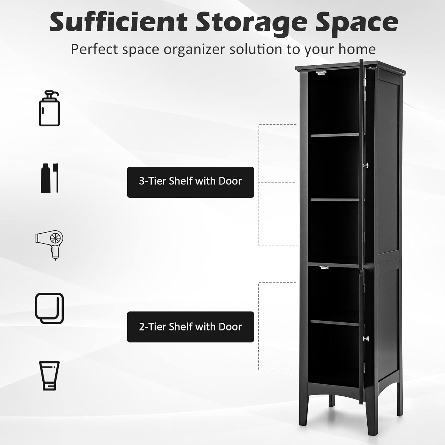 Slim Bathroom Tall Cabinet 2 Door 5 Tier Shelf Unit Black