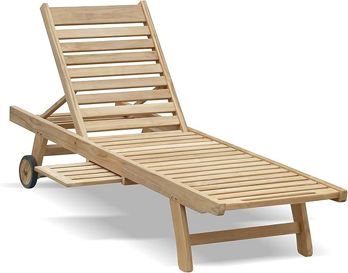 Teak Wooden Sun Lounger with Wheels Tray Adjustable