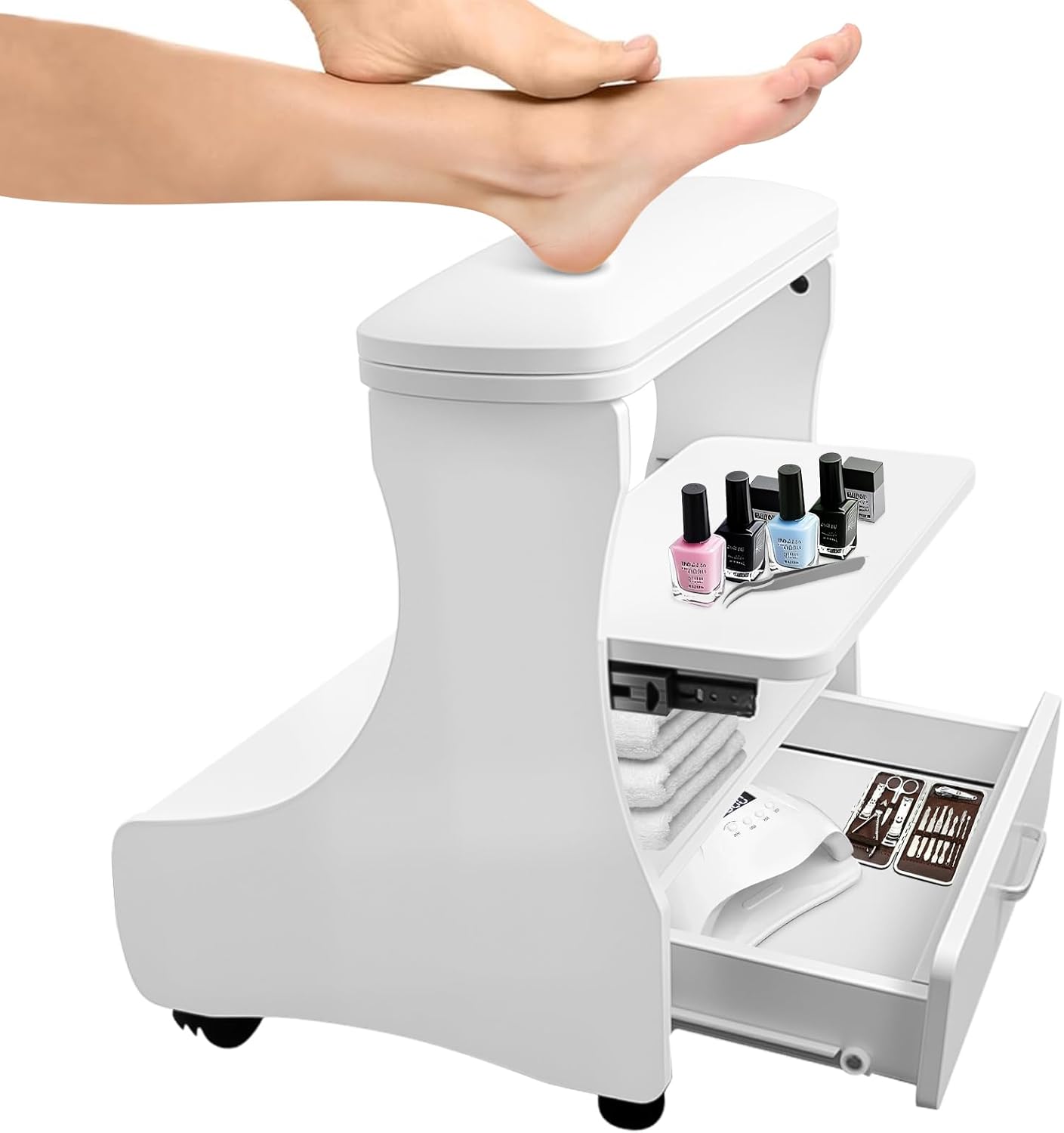 Pedicure Foot Rest Trolley with Wheels Storage PU Leather Stool
