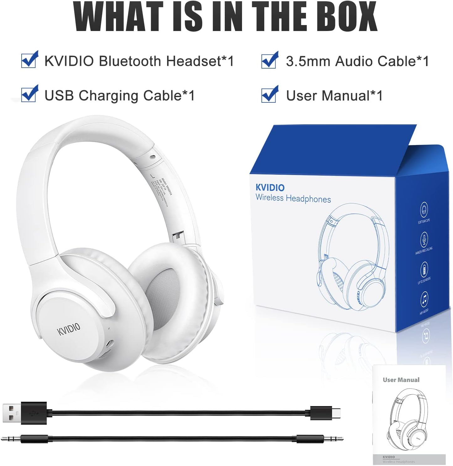 White Bluetooth Over Ear Headphones 65H Playtime Foldable Deep Bass