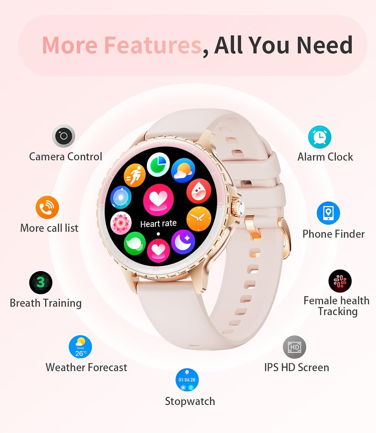 Rose Gold Diamond Smart Watch Bluetooth Call Fitness Tracker