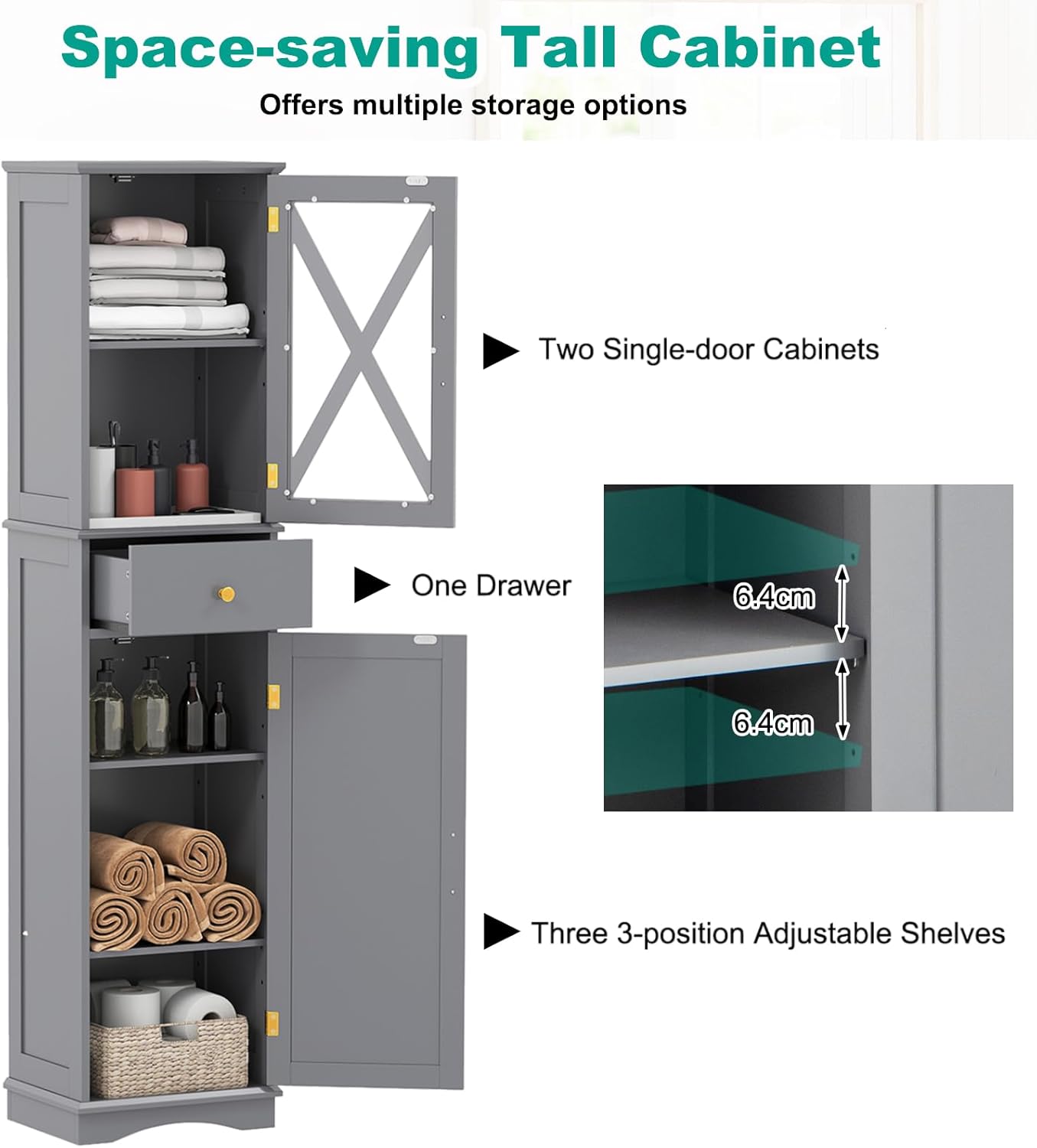 Tall Slim Storage Cabinet Grey Glass Door Drawer Unit