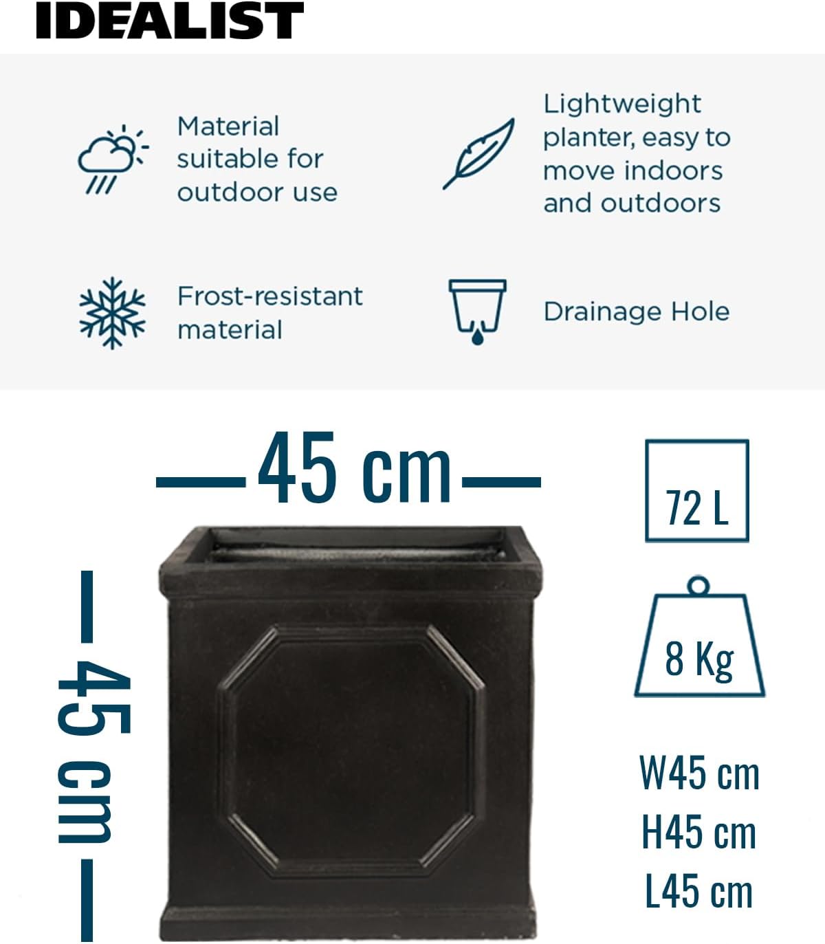45cm Square Planter Faux Lead Dark Grey Garden Tree Pot