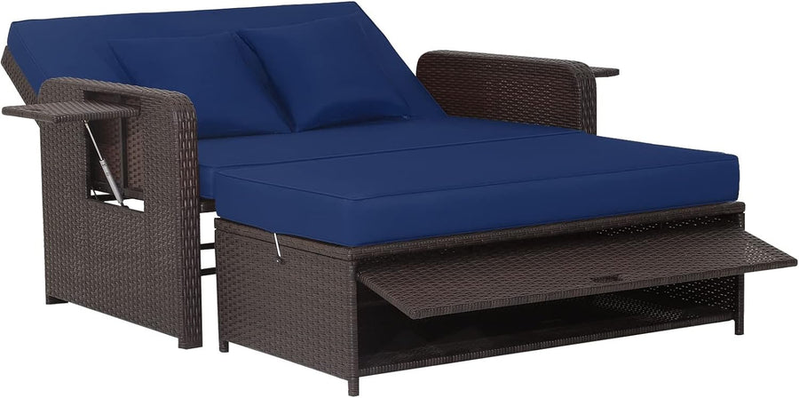 2 in 1 Rattan Daybed Sun Lounger Navy Blue