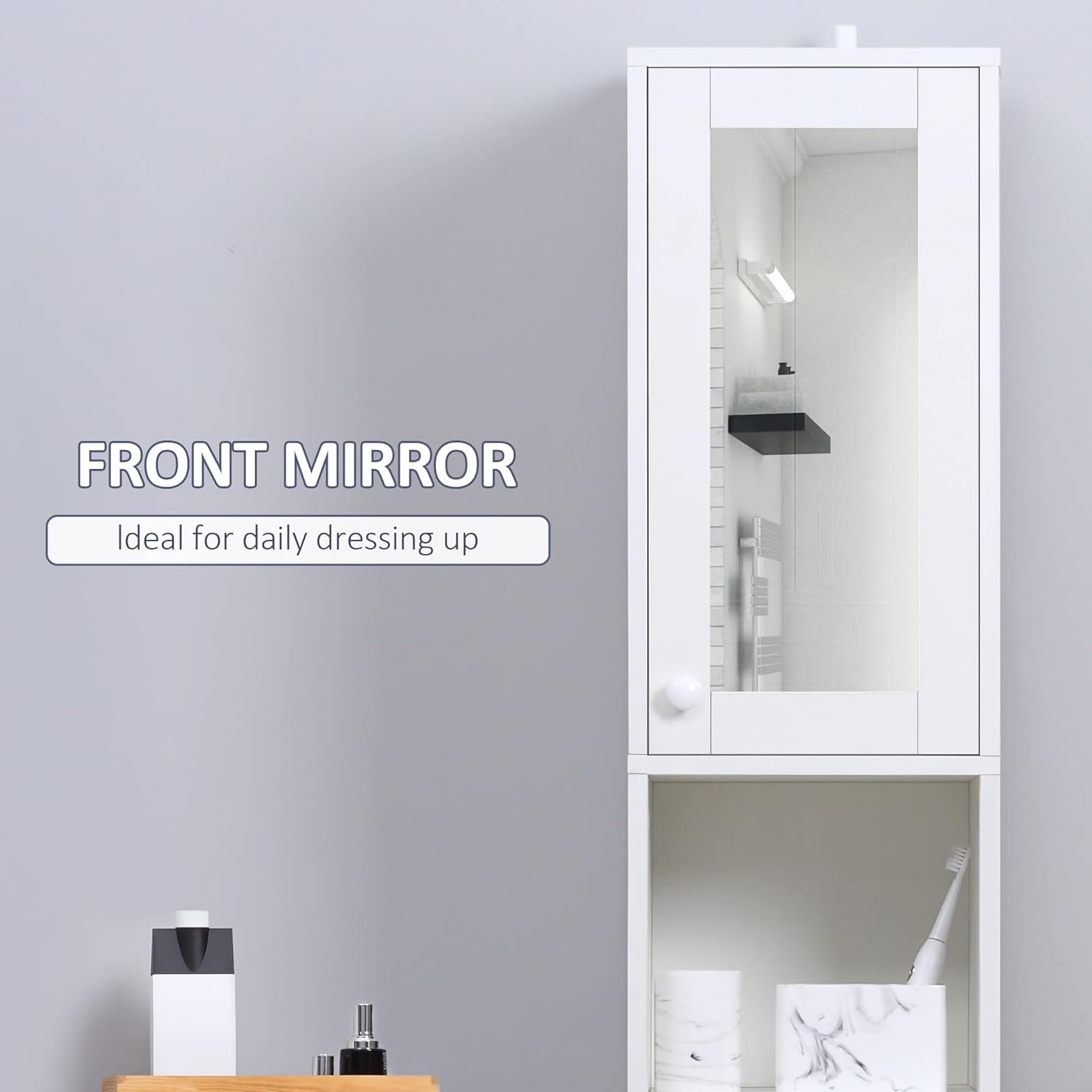 Tall Bathroom Storage Cabinet with Mirror Slim Freestanding White