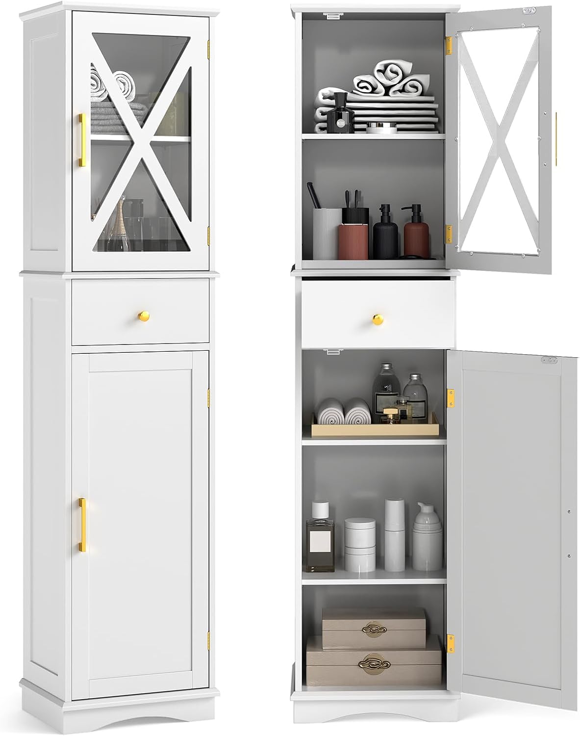 Slim Bathroom Tall Cabinet Drawer 2 Door Shelf Unit White