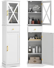 Slim Bathroom Tall Cabinet Drawer 2 Door Shelf Unit White