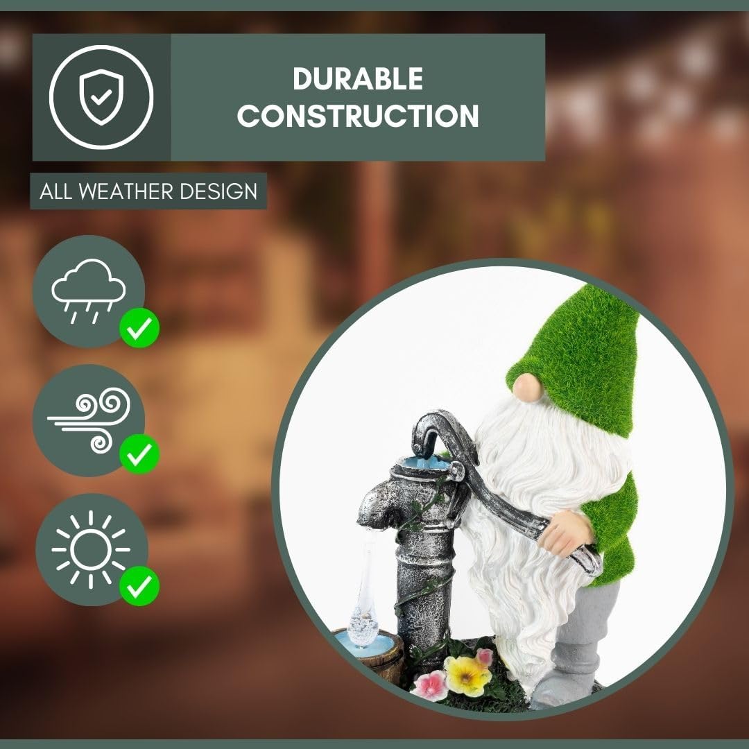 Solar Garden Gnome LED Water Pump Statue 30cm Outdoor Decor