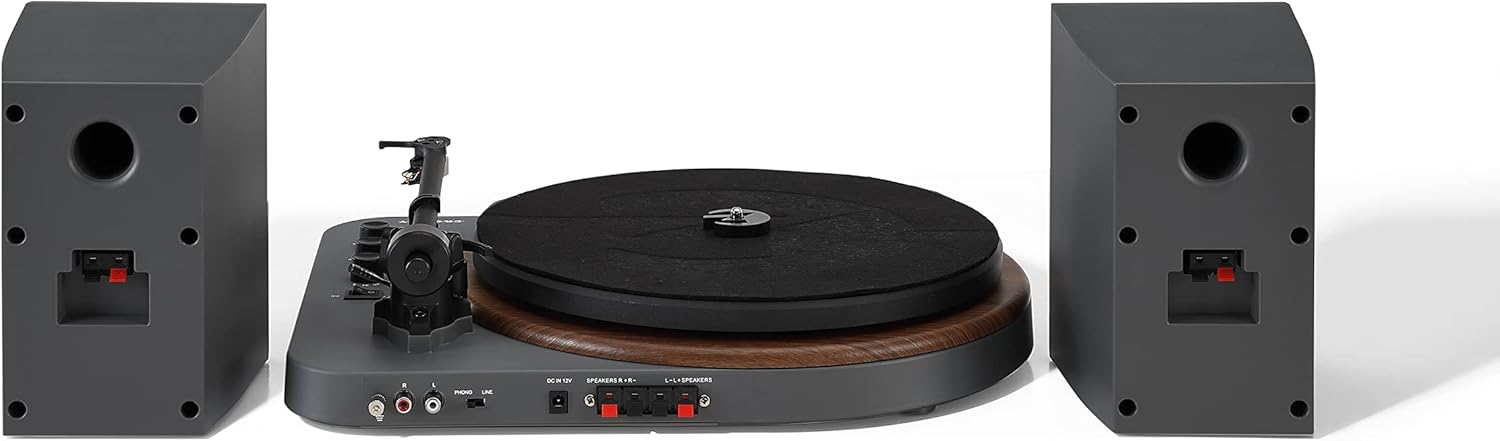 Bluetooth Record Player with 24W Speakers Walnut Grey