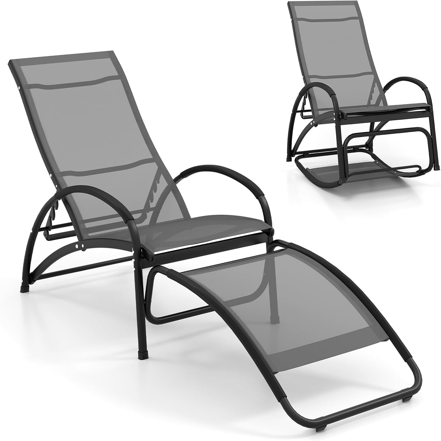 2 in 1 Garden Sun Lounger Rocking Chair Adjustable Grey