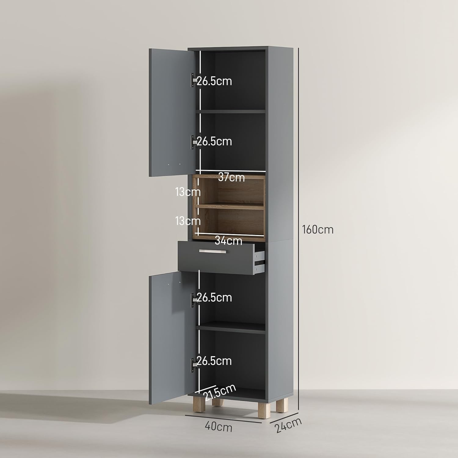 Tall Bathroom Storage Cabinet Grey Freestanding Shelves Drawer Unit