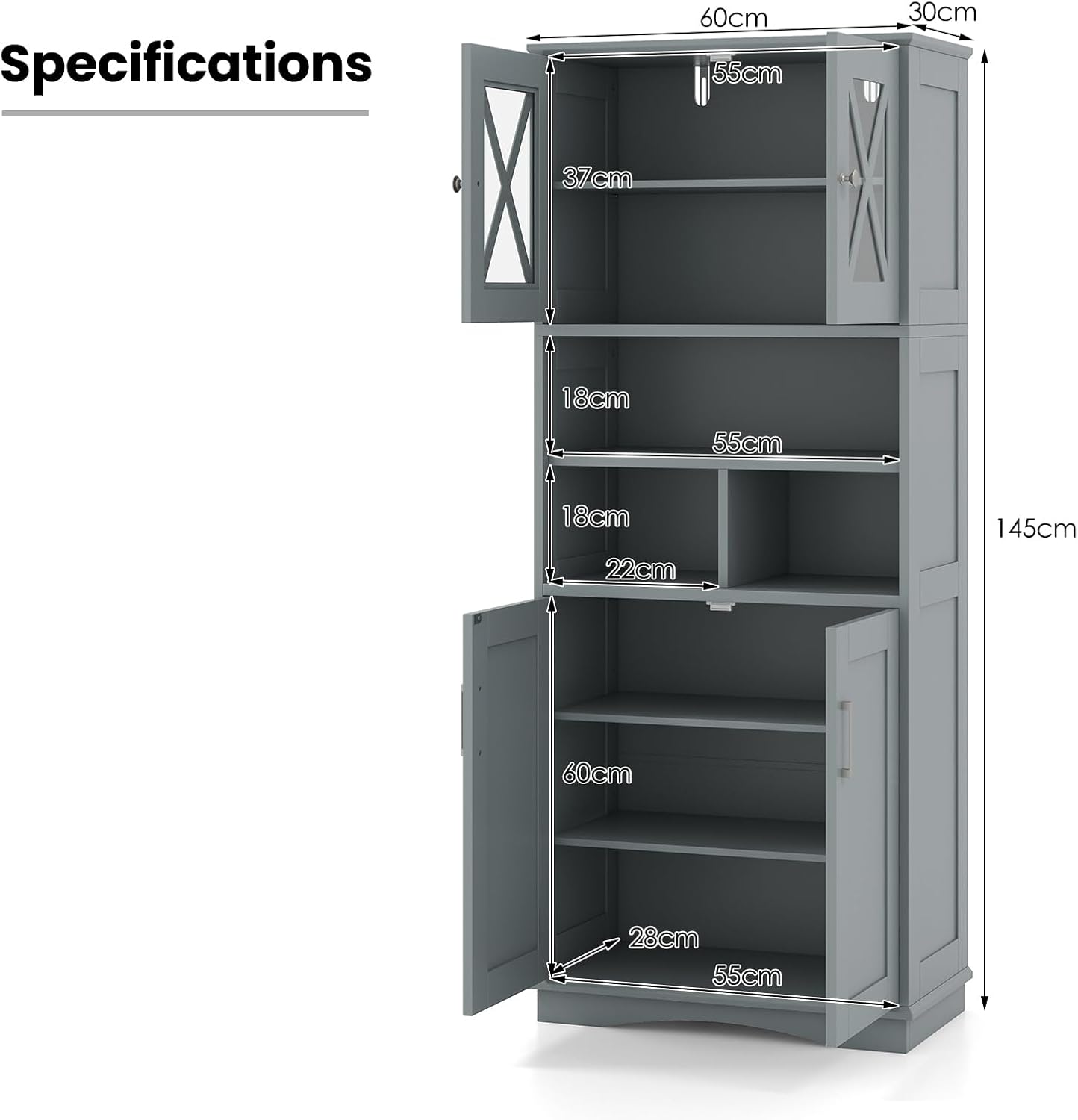 Grey Tallboy Bathroom Cabinet 4 Door Shelf Storage Unit
