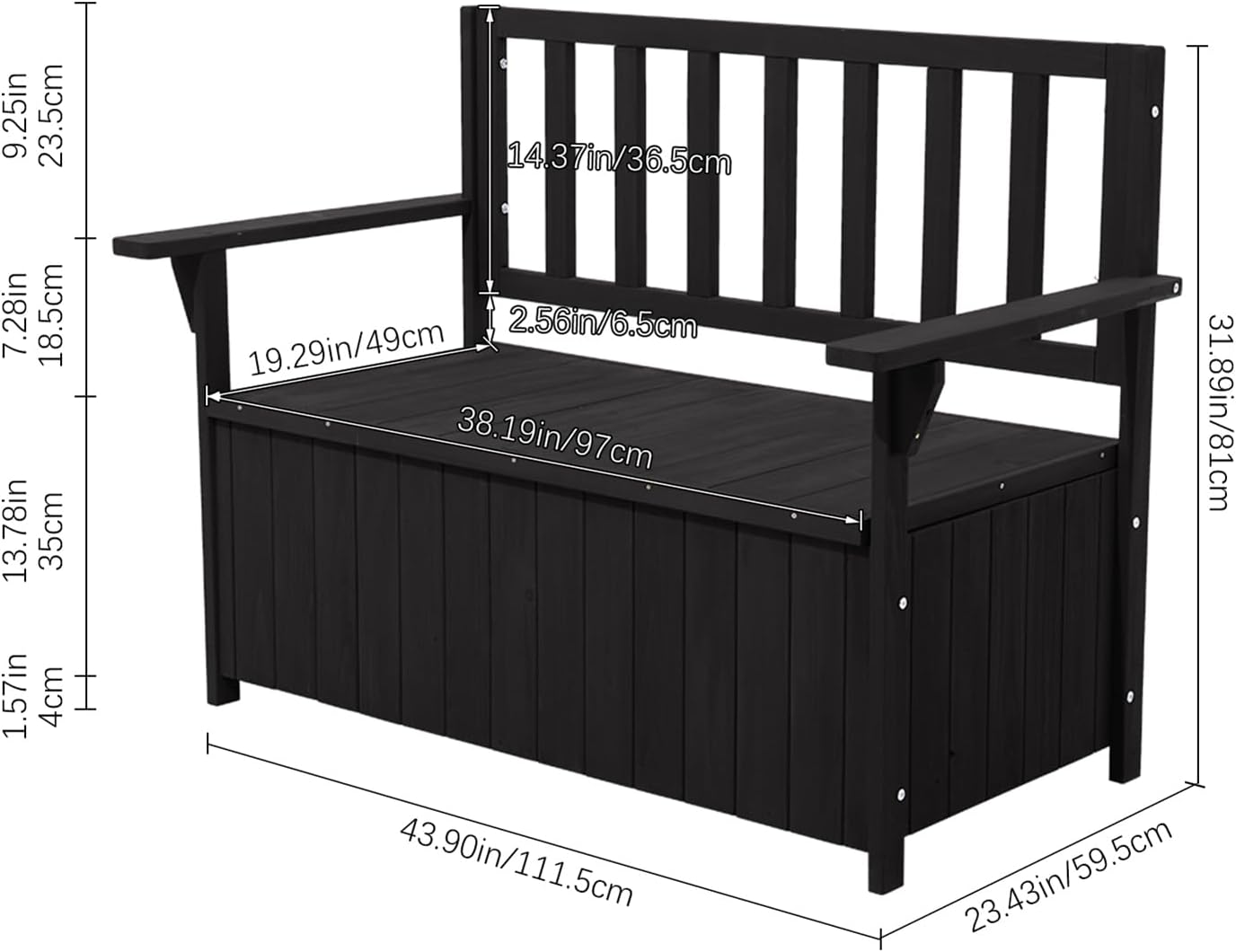 2 Seater Wooden Garden Storage Bench 135L Outdoor Patio Seat Black