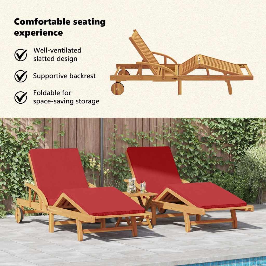 2 Pack Acacia Wood Sun Loungers Cushioned Red
